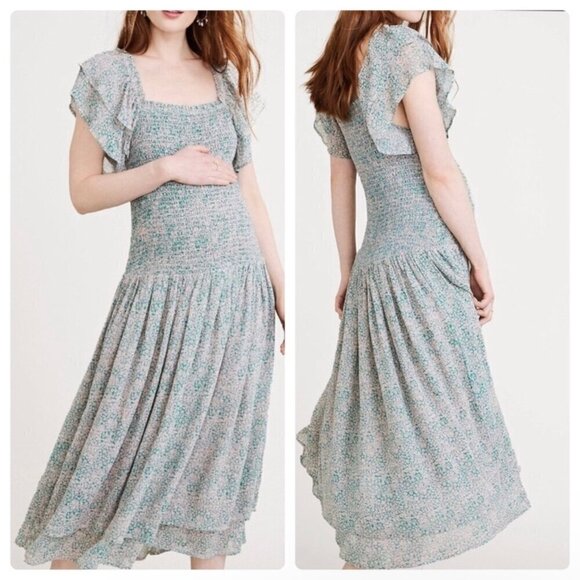 Hatch The Cosette Smocked Midi Dress Lotus Print Green Pink Size 2 M/L - Picture 5 of 12